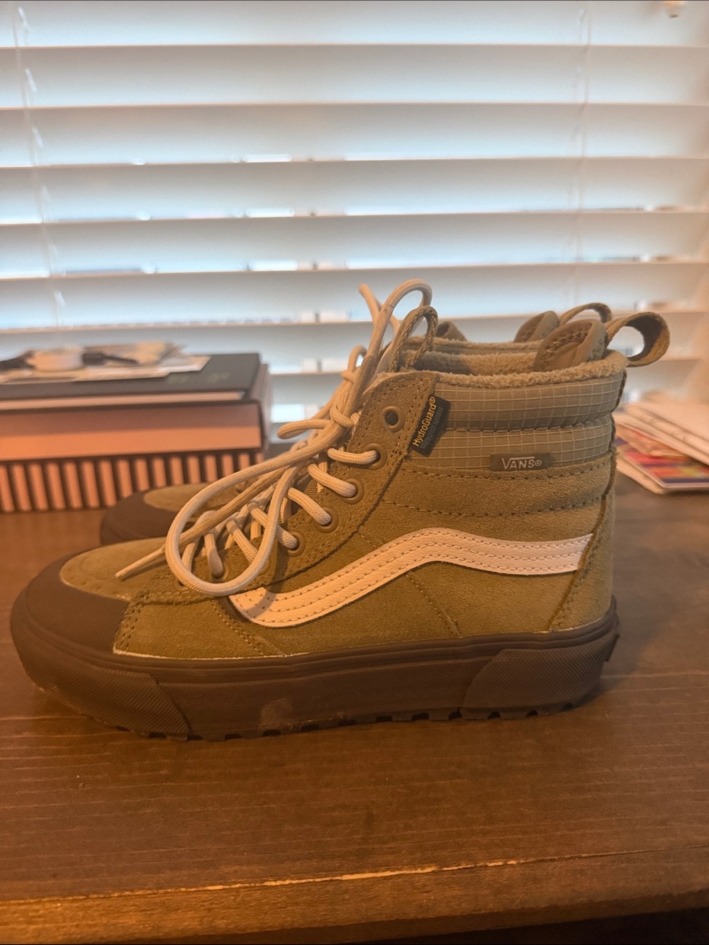 Vans Olive Green High-Top Sneakers with White Stripe for Cold Weather